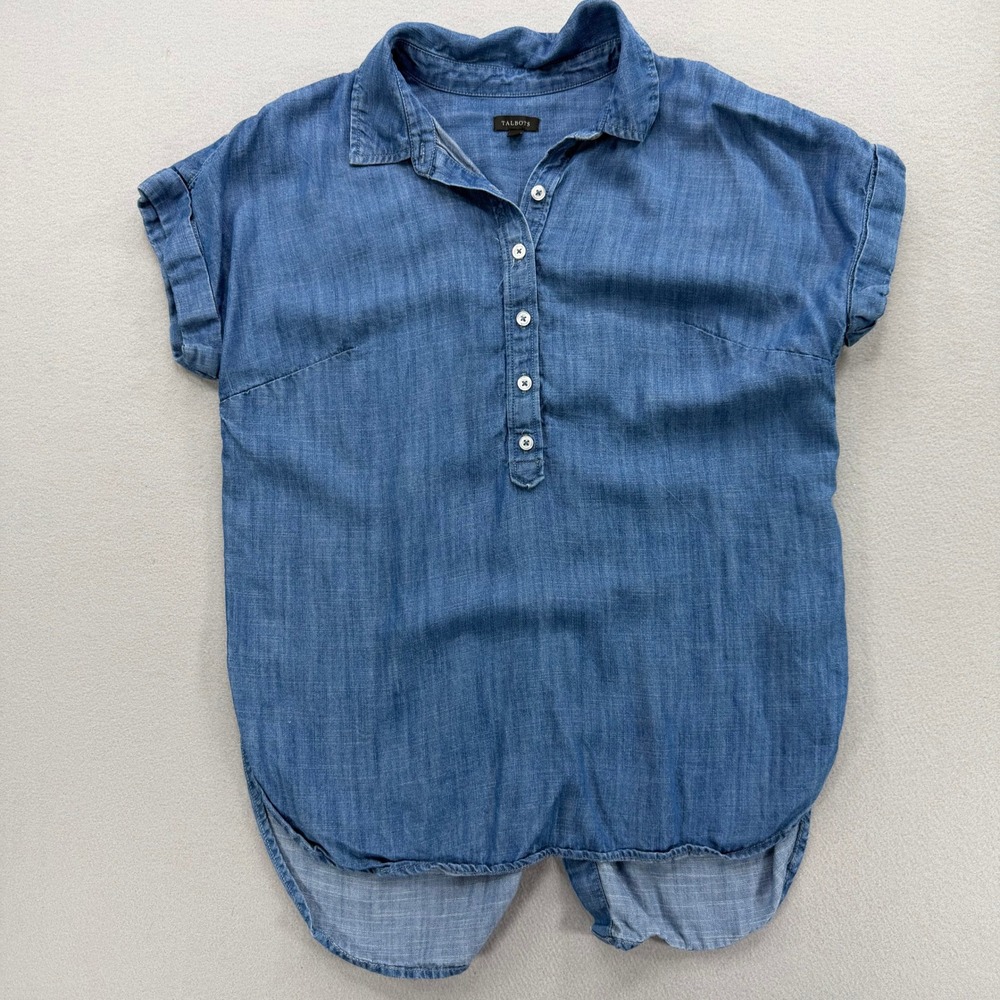 Talbots Small Tunic Top Women Blue Tencel Short Sleeve Button Back Denim Look